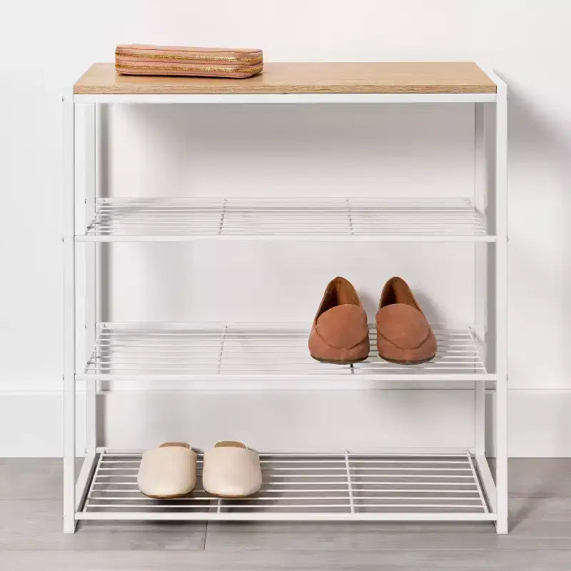 Étagère à chaussures à 4 niveaux en métal blanc avec bois naturel - Brightroom™