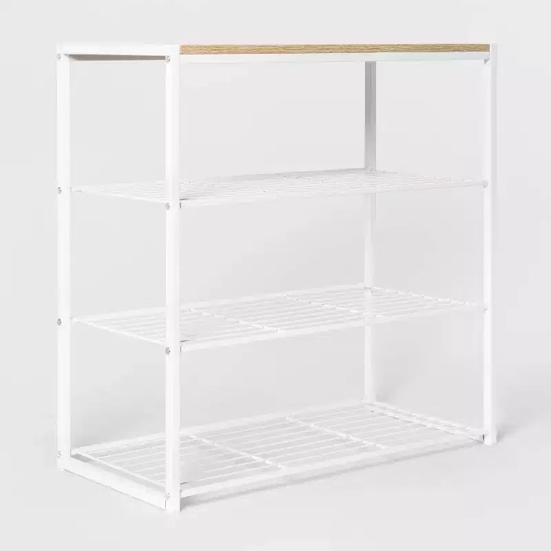 Étagère à chaussures à 4 niveaux en métal blanc avec bois naturel - Brightroom™