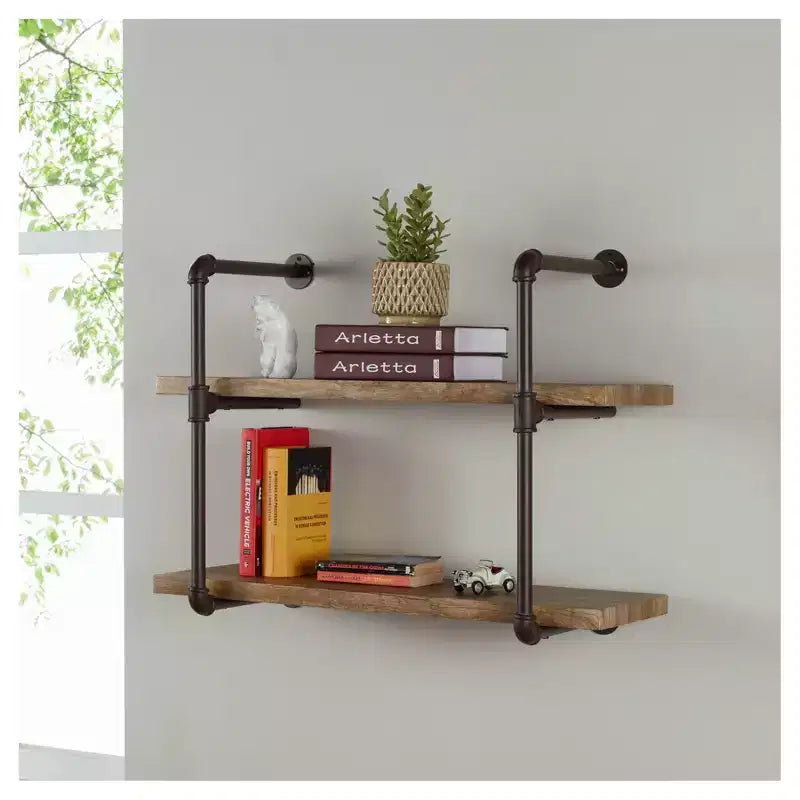 Étagère murale à deux niveaux en tuyaux industriels 31,5" x 24" marron - Danya B. : Support ouvert rustique, Métal laminé