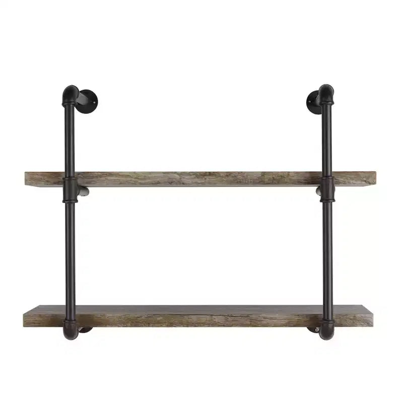 Étagère murale à deux niveaux en tuyaux industriels 31,5" x 24" marron - Danya B. : Support ouvert rustique, Métal laminé