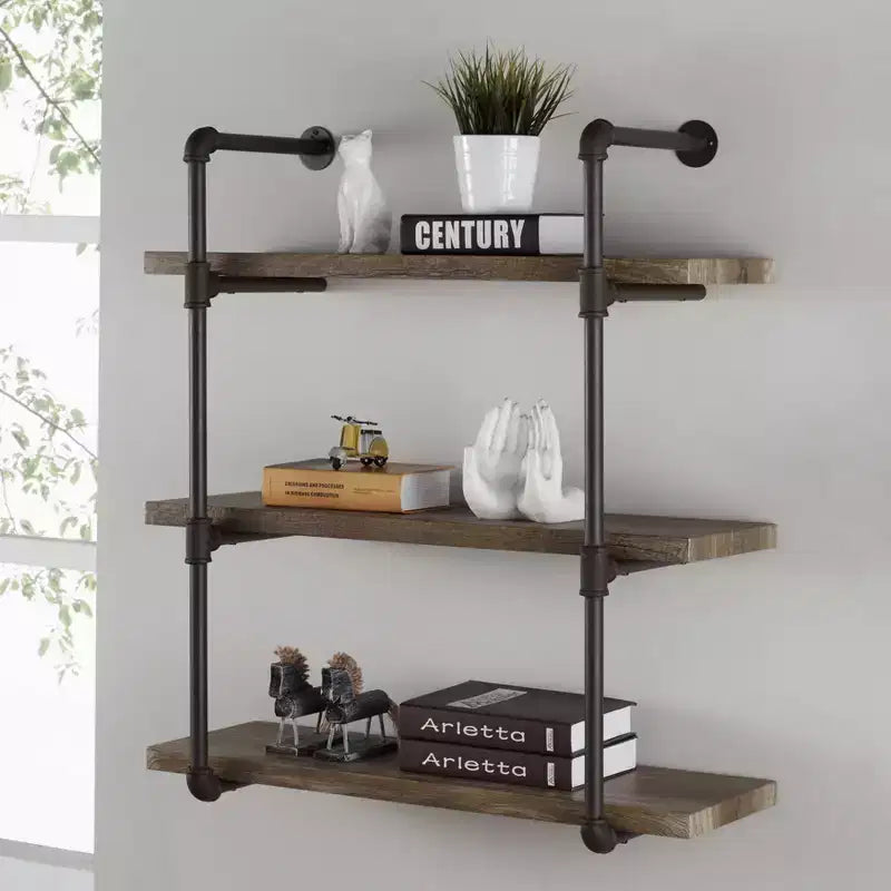 Danya B. Étagère murale industrielle à trois niveaux, 90 lb de capacité, 35 po x 31,5 po, en tuyaux industriels, finition naturelle : Stratifiée, cadre en métal
