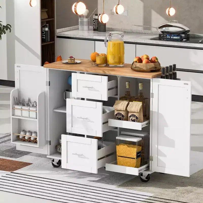 50 Length White Rolling Kitchen Island Kitchen Cart with Storage Rubber Wood Top 3 Drawer 2 Slide-Out Shelf