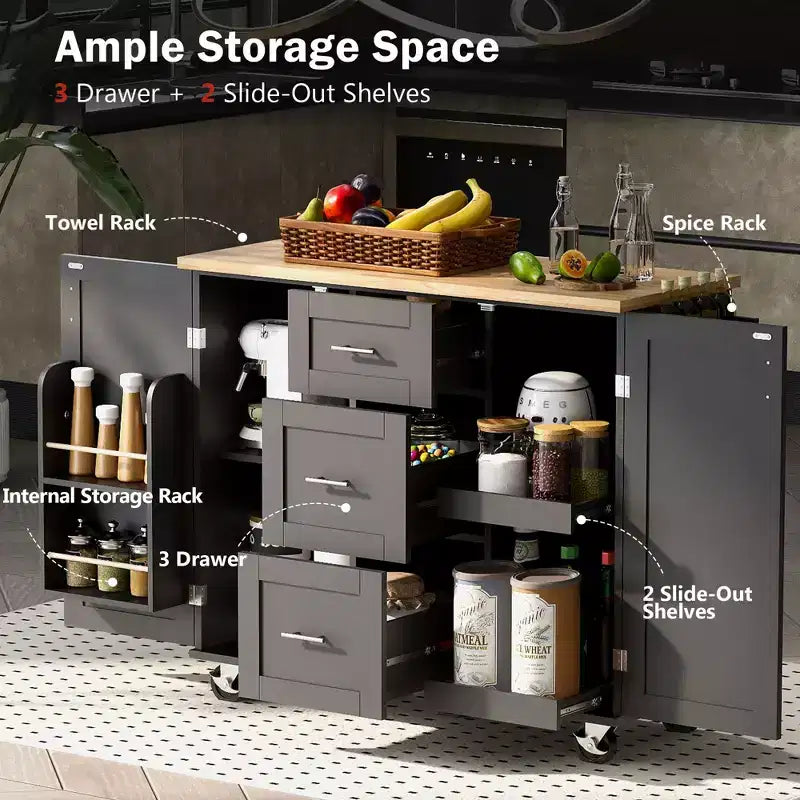 Meuble de cuisine à roulettes blanc de 127 cm de long avec plan de travail en bois d'hévéa, 3 tiroirs et 2 étagères coulissantes