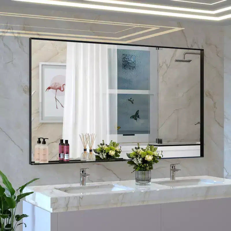 60x36 Modern Black Frame Bathroom Mirror: Oversized, Aluminum, Wall Mounted, Vertical/Horizontal