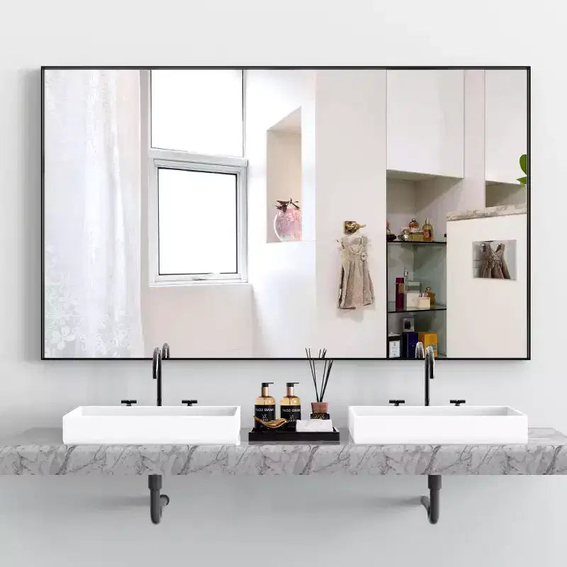 Miroir de salle de bain moderne 60x36 avec cadre noir : Grand format, Aluminium, Fixation murale, Vertical/Horizontal