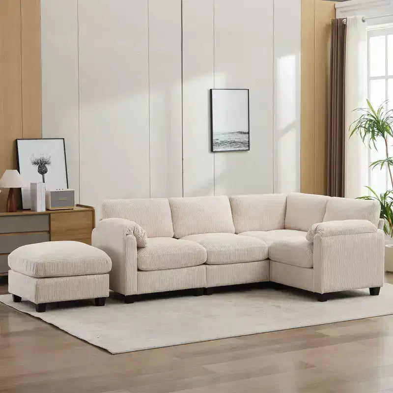 Corduroy Modular Sectional Sofa with Movable Ottoman, U-Shape Upholstered Comfy Couch with Two-Layer Seat Cushion for Living Room