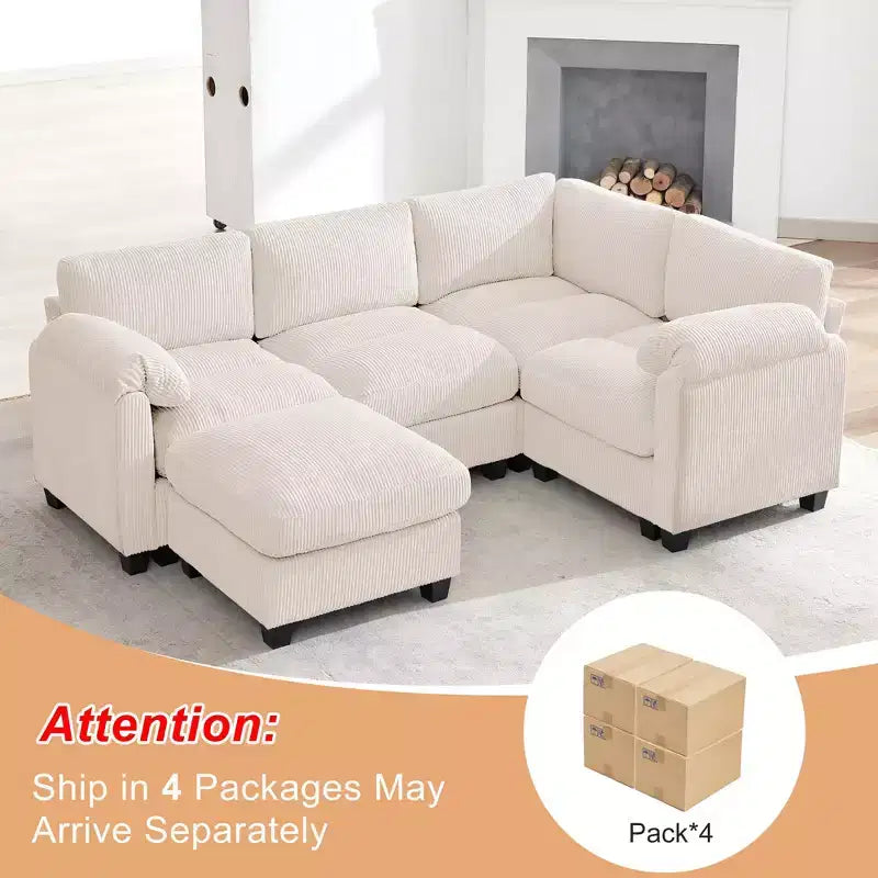 Canapé sectionnel modulaire en velours côtelé avec pouf mobile, canapé rembourré confortable en forme de U avec coussin d'assise à deux couches pour le salon