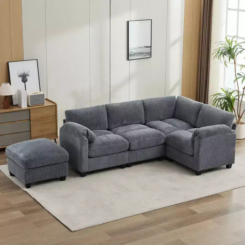Canapé sectionnel modulaire en velours côtelé avec pouf mobile, canapé rembourré confortable en forme de U avec coussin d'assise à deux couches pour le salon