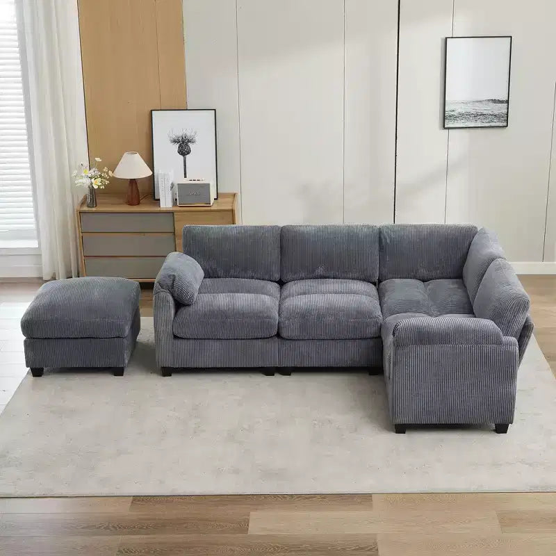 Canapé sectionnel modulaire en velours côtelé avec pouf mobile, canapé rembourré confortable en forme de U avec coussin d'assise à deux couches pour le salon