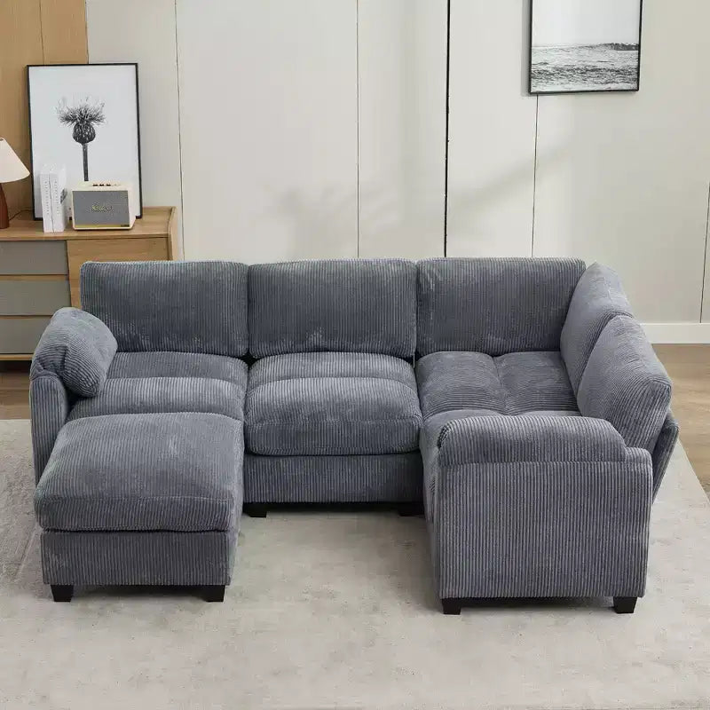 Canapé sectionnel modulaire en velours côtelé avec pouf mobile, canapé rembourré confortable en forme de U avec coussin d'assise à deux couches pour le salon