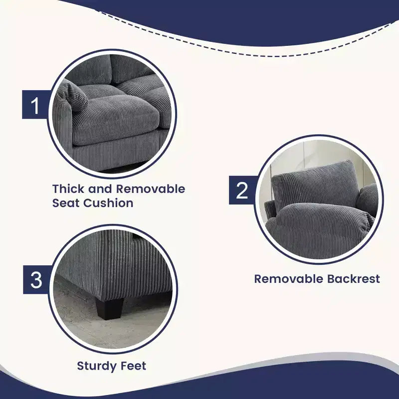 Canapé sectionnel modulaire en velours côtelé avec pouf mobile, canapé rembourré confortable en forme de U avec coussin d'assise à deux couches pour le salon