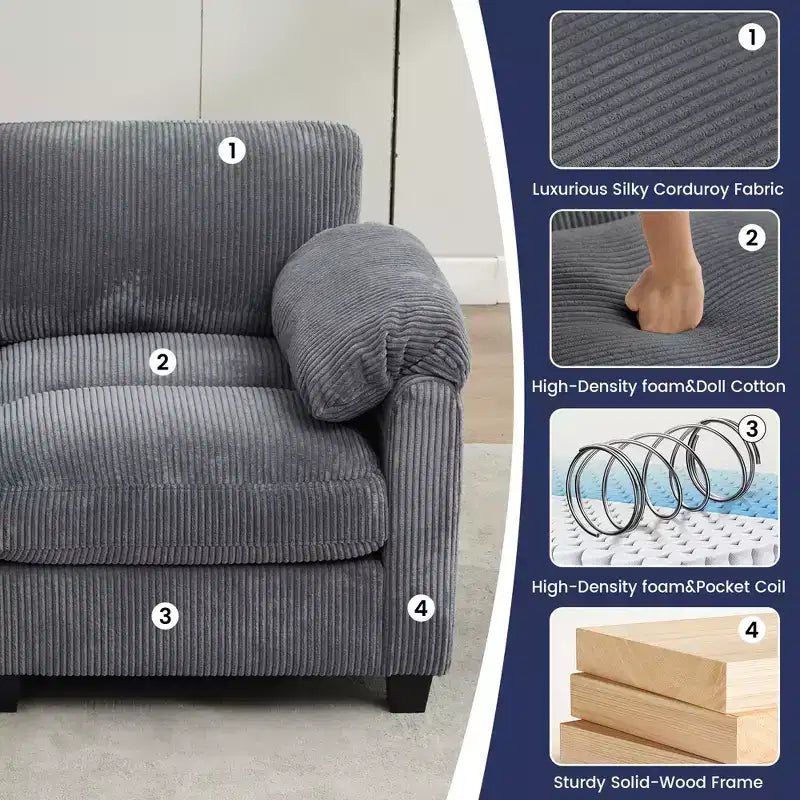 Canapé sectionnel modulaire en velours côtelé avec pouf mobile, canapé rembourré confortable en forme de U avec coussin d'assise à deux couches pour le salon