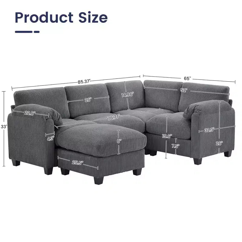 Canapé sectionnel modulaire en velours côtelé avec pouf mobile, canapé rembourré confortable en forme de U avec coussin d'assise à deux couches pour le salon