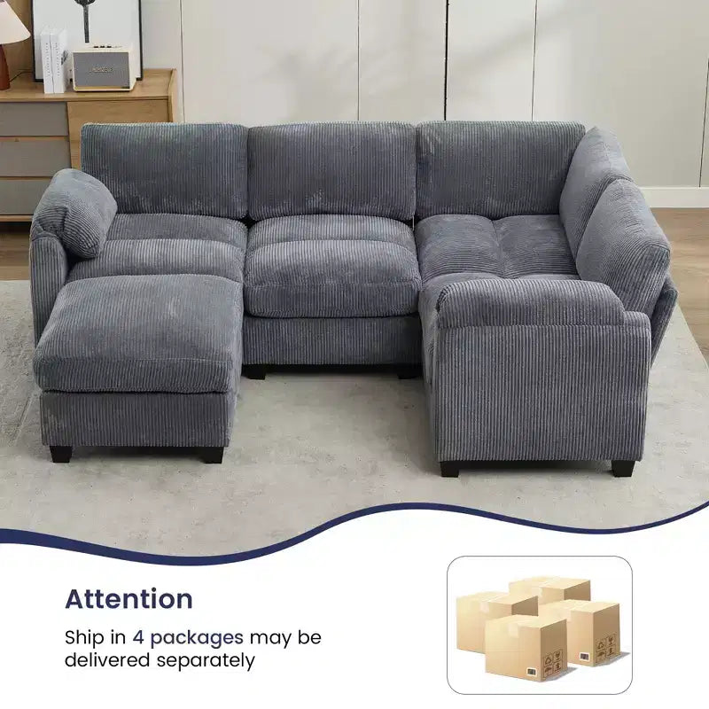 Canapé sectionnel modulaire en velours côtelé avec pouf mobile, canapé rembourré confortable en forme de U avec coussin d'assise à deux couches pour le salon