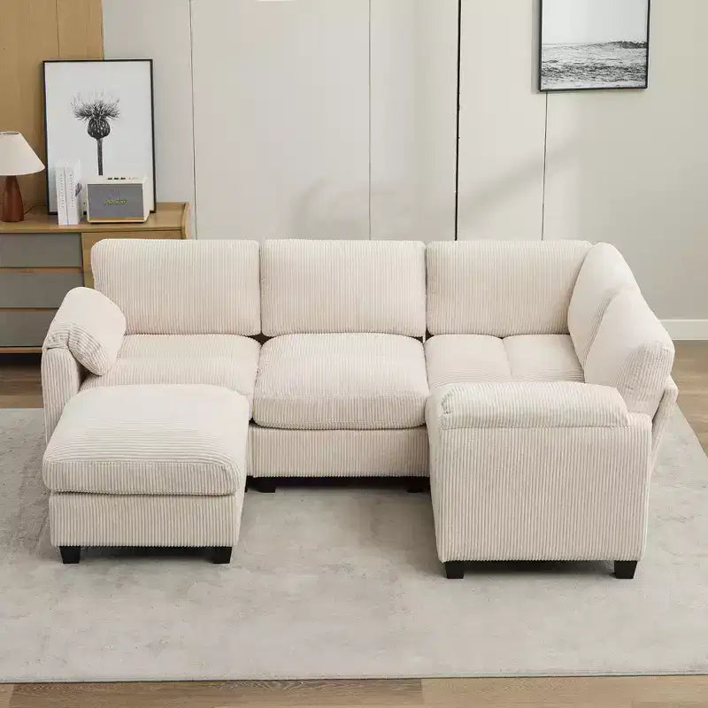 Canapé sectionnel modulaire en velours côtelé avec pouf mobile, canapé rembourré confortable en forme de U avec coussin d'assise à deux couches pour le salon