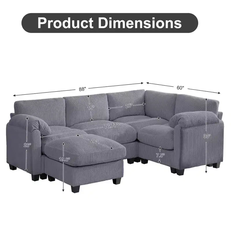Canapé sectionnel modulaire en velours côtelé avec pouf mobile, canapé rembourré confortable en forme de U avec coussin d'assise à deux couches pour le salon