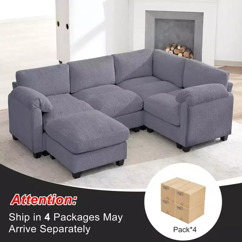 Canapé sectionnel modulaire en velours côtelé avec pouf mobile, canapé rembourré confortable en forme de U avec coussin d'assise à deux couches pour le salon