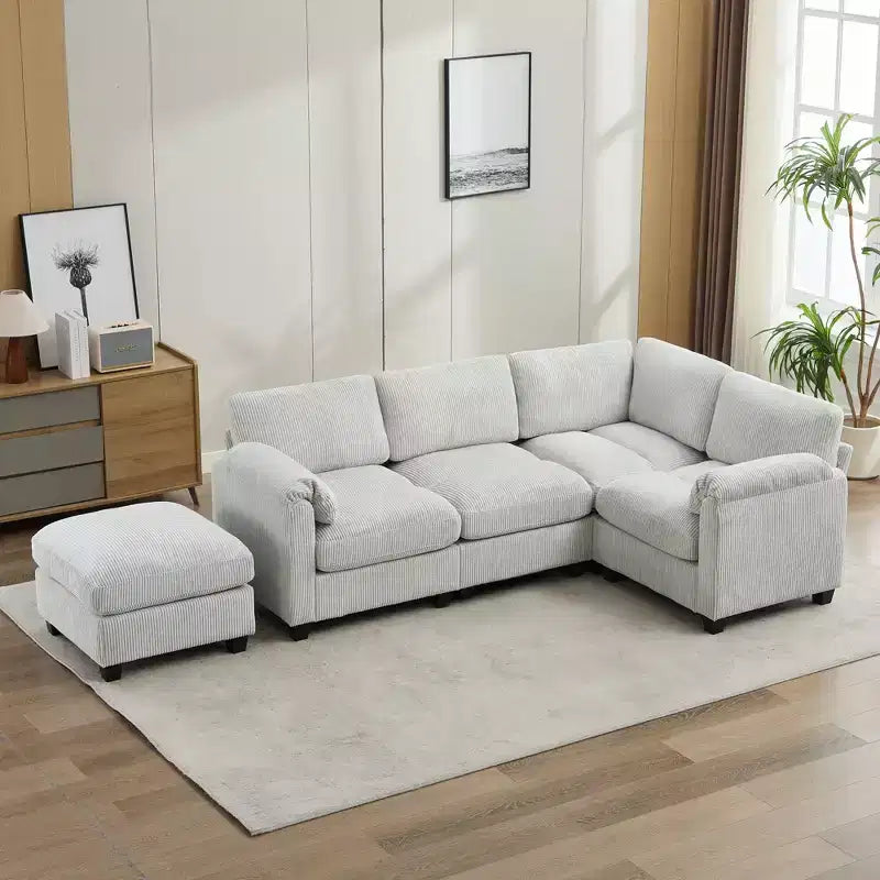 Canapé sectionnel modulaire en velours côtelé avec pouf mobile, canapé rembourré confortable en forme de U avec coussin d'assise à deux couches pour le salon