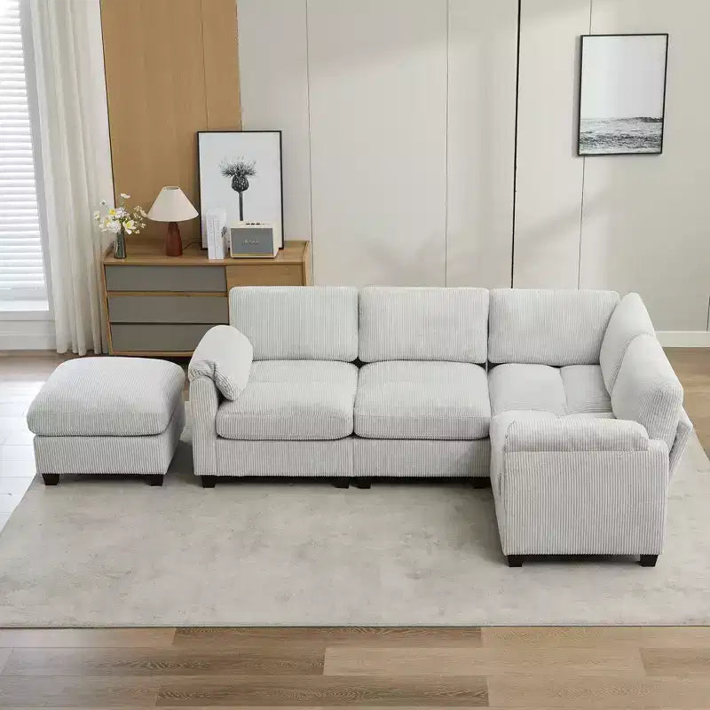 Canapé sectionnel modulaire en velours côtelé avec pouf mobile, canapé rembourré confortable en forme de U avec coussin d'assise à deux couches pour le salon