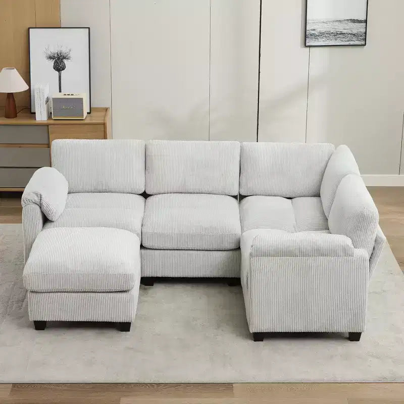Canapé sectionnel modulaire en velours côtelé avec pouf mobile, canapé rembourré confortable en forme de U avec coussin d'assise à deux couches pour le salon