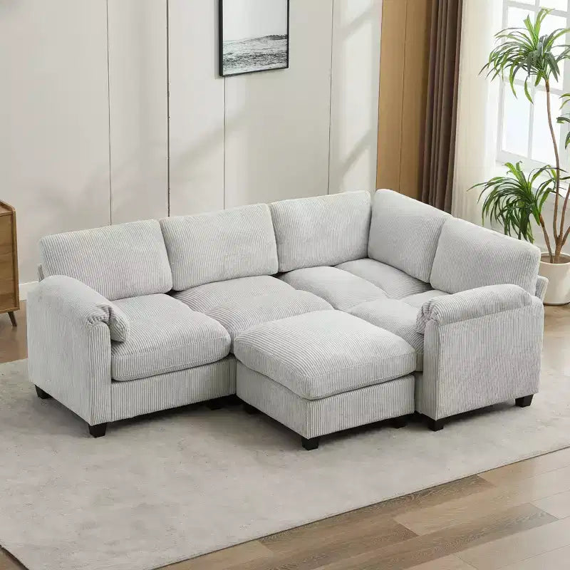 Canapé sectionnel modulaire en velours côtelé avec pouf mobile, canapé rembourré confortable en forme de U avec coussin d'assise à deux couches pour le salon