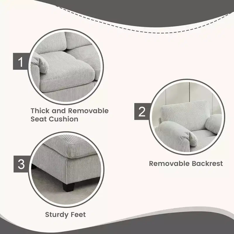 Canapé sectionnel modulaire en velours côtelé avec pouf mobile, canapé rembourré confortable en forme de U avec coussin d'assise à deux couches pour le salon