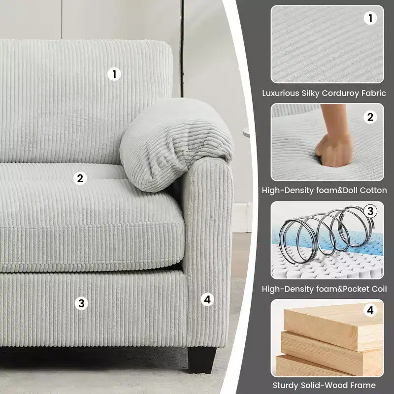 Canapé sectionnel modulaire en velours côtelé avec pouf mobile, canapé rembourré confortable en forme de U avec coussin d'assise à deux couches pour le salon