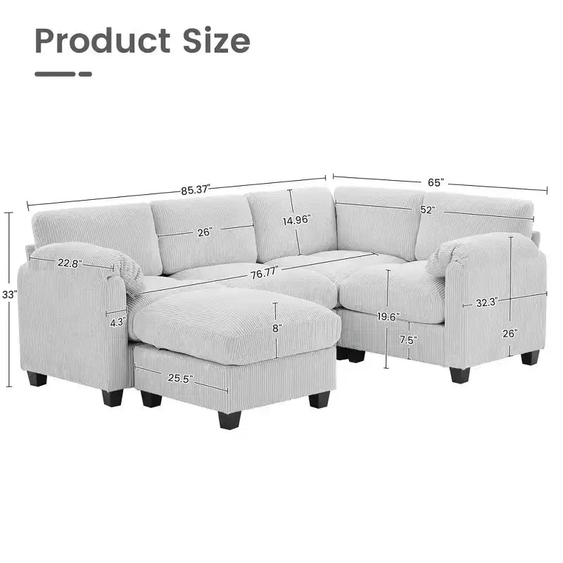 Canapé sectionnel modulaire en velours côtelé avec pouf mobile, canapé rembourré confortable en forme de U avec coussin d'assise à deux couches pour le salon