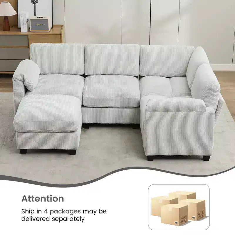 Canapé sectionnel modulaire en velours côtelé avec pouf mobile, canapé rembourré confortable en forme de U avec coussin d'assise à deux couches pour le salon