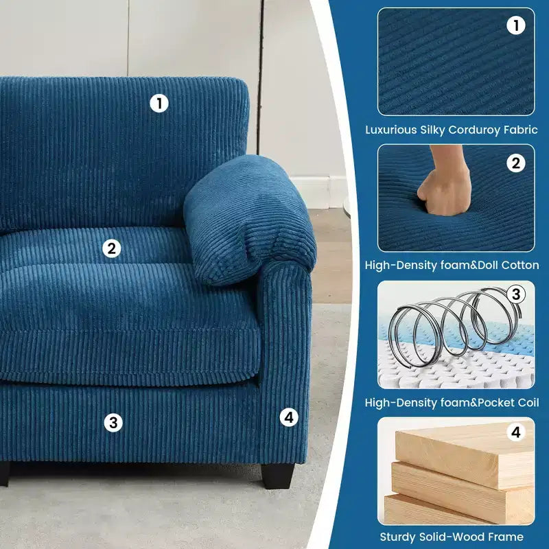 Canapé sectionnel modulaire en velours côtelé avec pouf mobile, canapé rembourré confortable en forme de U avec coussin d'assise à deux couches pour le salon