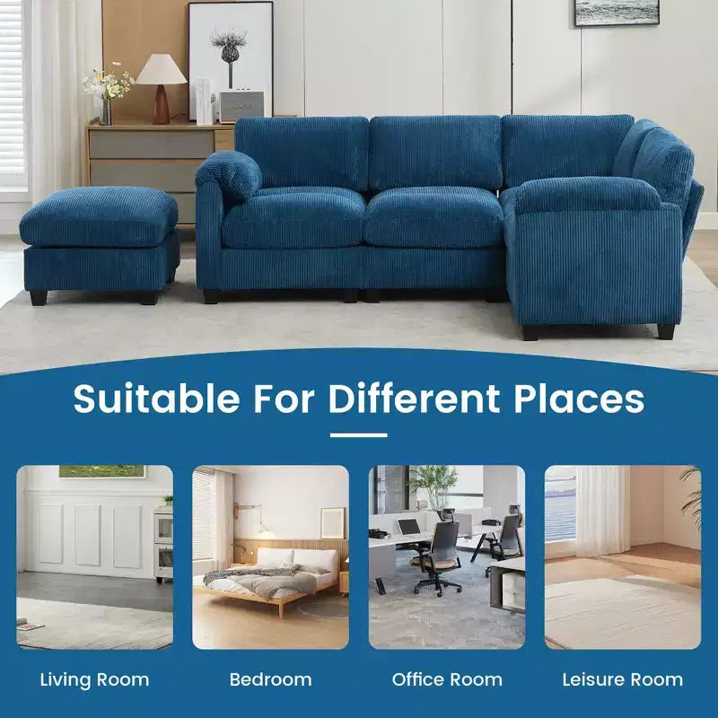 Canapé sectionnel modulaire en velours côtelé avec pouf mobile, canapé rembourré confortable en forme de U avec coussin d'assise à deux couches pour le salon