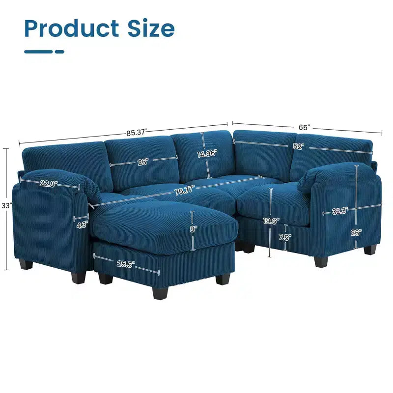 Canapé sectionnel modulaire en velours côtelé avec pouf mobile, canapé rembourré confortable en forme de U avec coussin d'assise à deux couches pour le salon