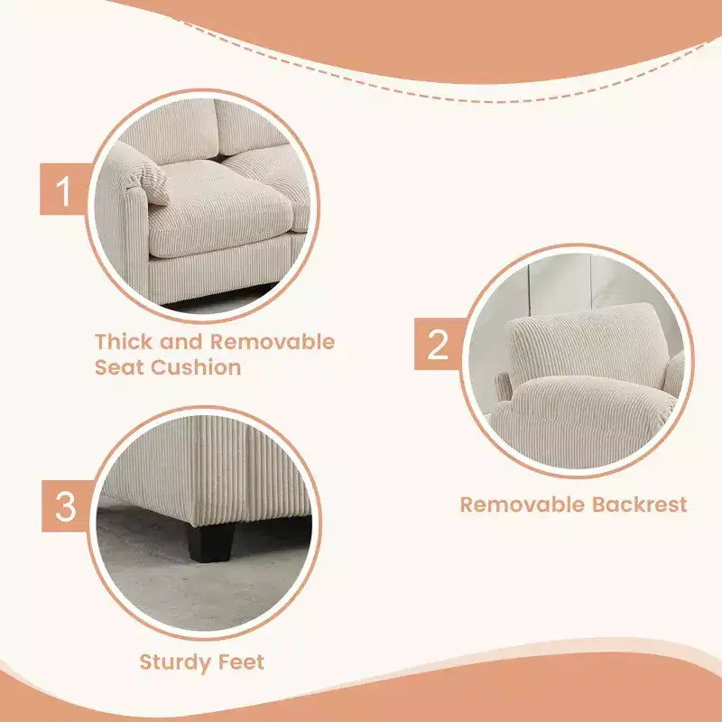Canapé sectionnel modulaire en velours côtelé avec pouf mobile, canapé rembourré confortable en forme de U avec coussin d'assise à deux couches pour le salon