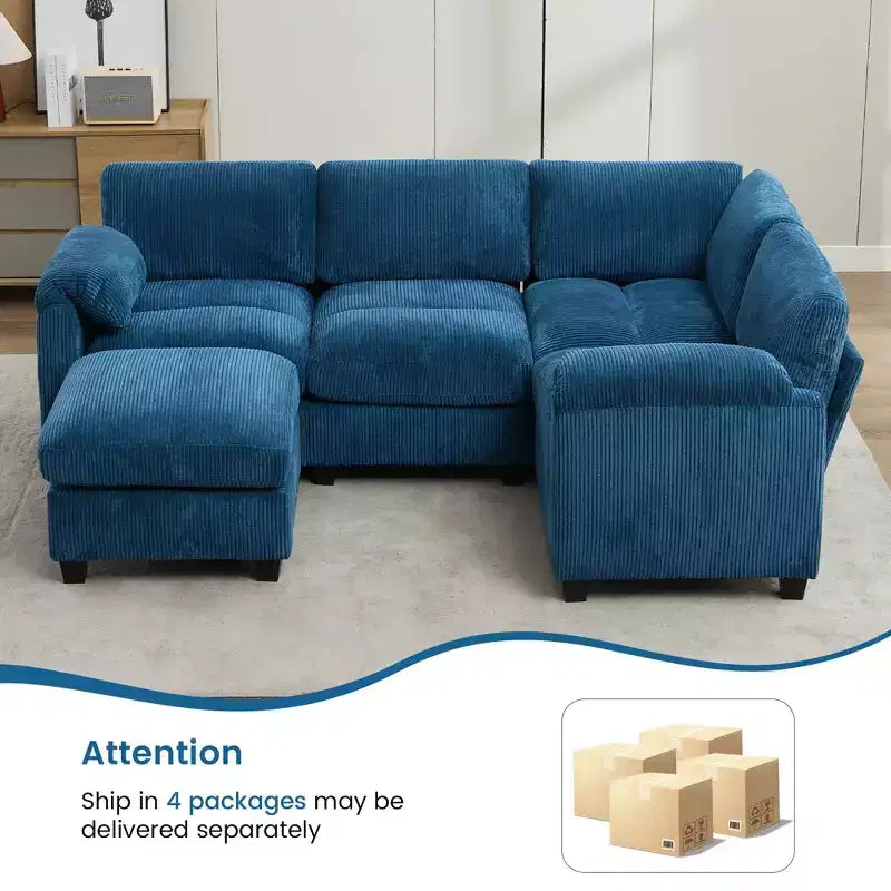Canapé sectionnel modulaire en velours côtelé avec pouf mobile, canapé rembourré confortable en forme de U avec coussin d'assise à deux couches pour le salon
