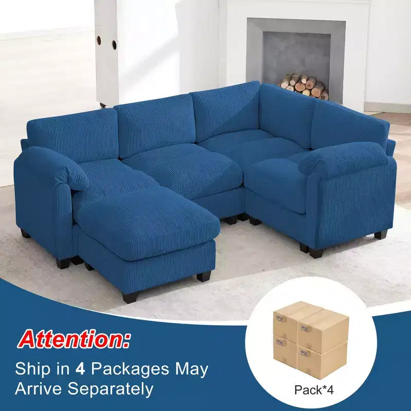 Canapé sectionnel modulaire en velours côtelé avec pouf mobile, canapé rembourré confortable en forme de U avec coussin d'assise à deux couches pour le salon