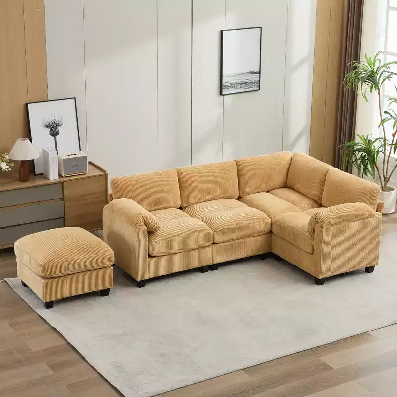 Canapé sectionnel modulaire en velours côtelé avec pouf mobile, canapé rembourré confortable en forme de U avec coussin d'assise à deux couches pour le salon