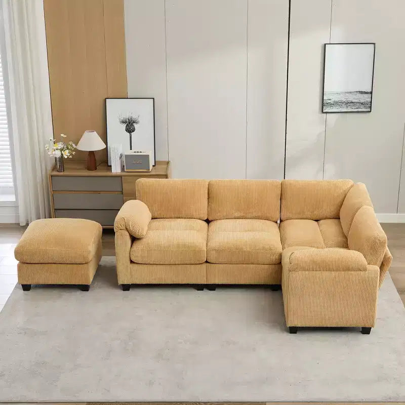 Canapé sectionnel modulaire en velours côtelé avec pouf mobile, canapé rembourré confortable en forme de U avec coussin d'assise à deux couches pour le salon