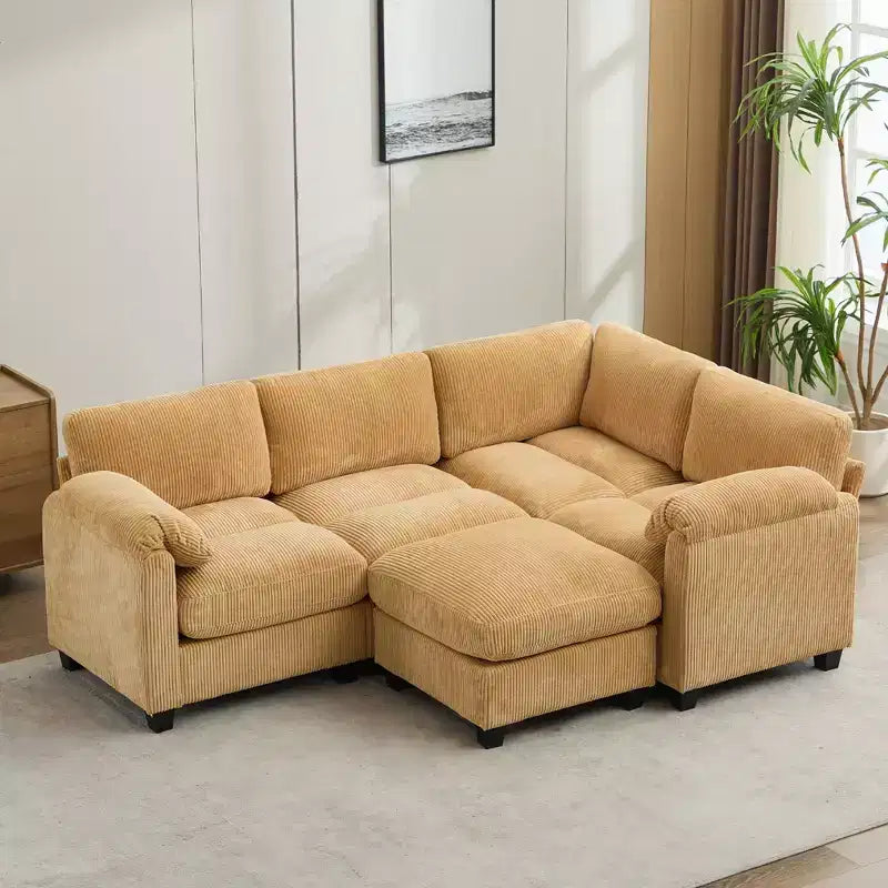 Canapé sectionnel modulaire en velours côtelé avec pouf mobile, canapé rembourré confortable en forme de U avec coussin d'assise à deux couches pour le salon