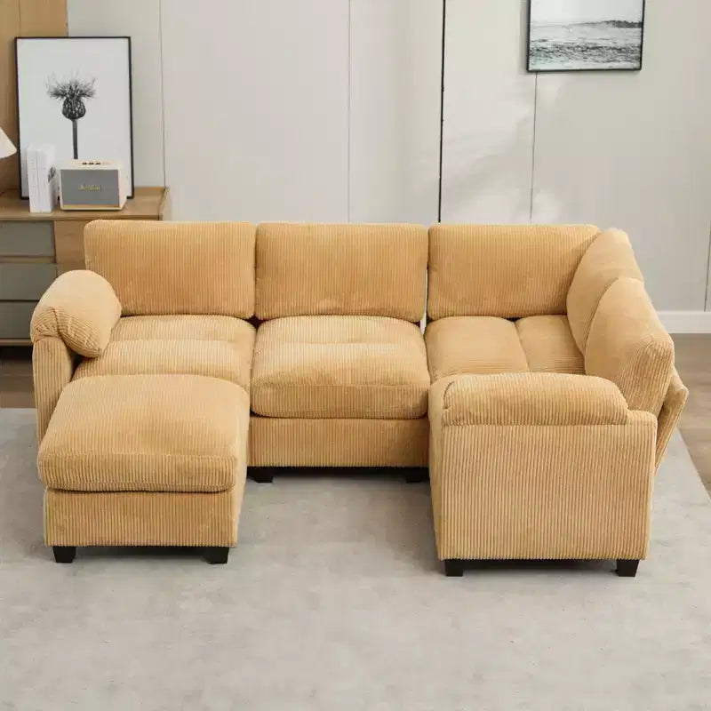 Canapé sectionnel modulaire en velours côtelé avec pouf mobile, canapé rembourré confortable en forme de U avec coussin d'assise à deux couches pour le salon