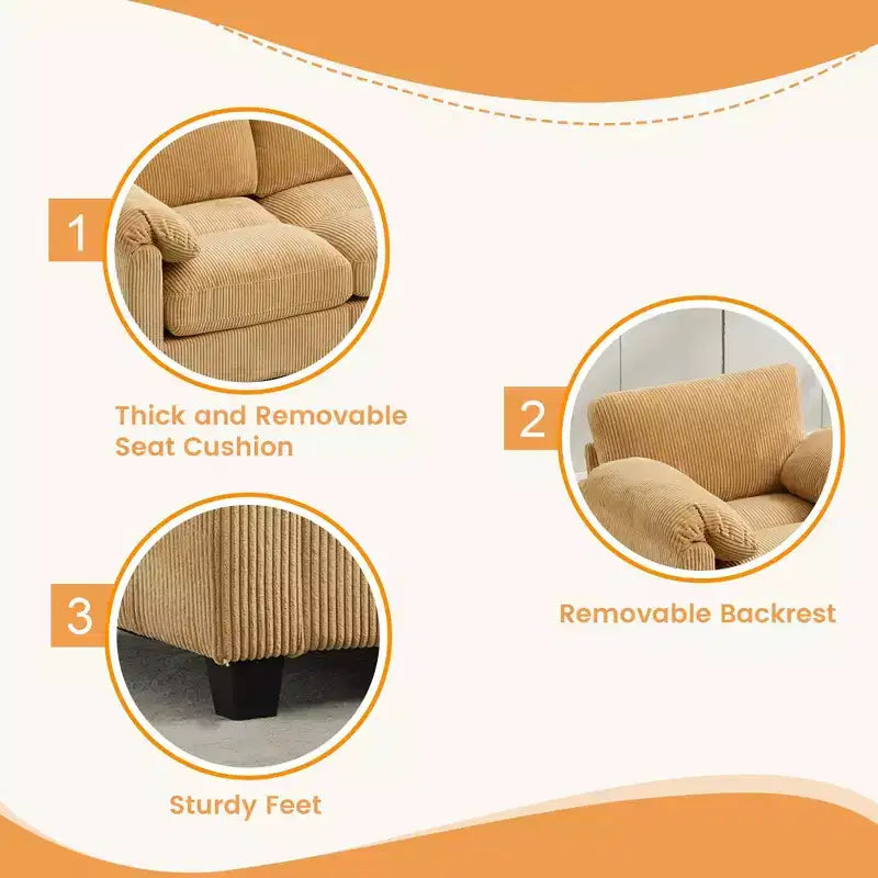 Canapé sectionnel modulaire en velours côtelé avec pouf mobile, canapé rembourré confortable en forme de U avec coussin d'assise à deux couches pour le salon