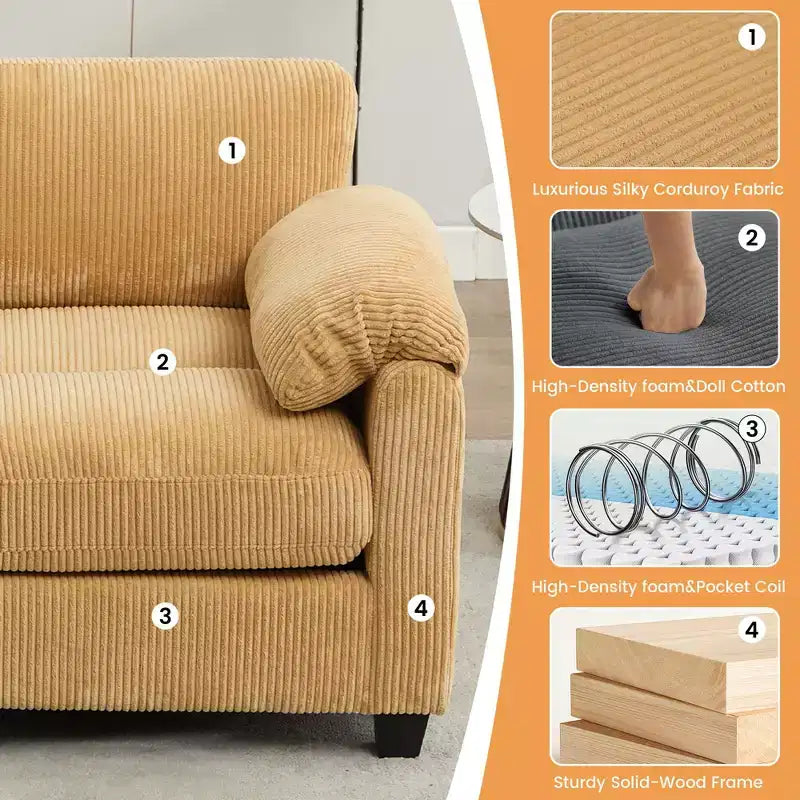 Canapé sectionnel modulaire en velours côtelé avec pouf mobile, canapé rembourré confortable en forme de U avec coussin d'assise à deux couches pour le salon