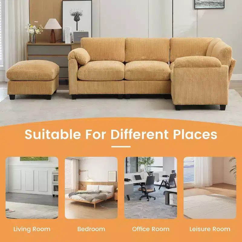 Canapé sectionnel modulaire en velours côtelé avec pouf mobile, canapé rembourré confortable en forme de U avec coussin d'assise à deux couches pour le salon