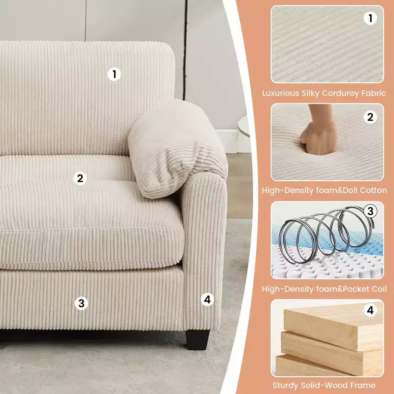 Canapé sectionnel modulaire en velours côtelé avec pouf mobile, canapé rembourré confortable en forme de U avec coussin d'assise à deux couches pour le salon