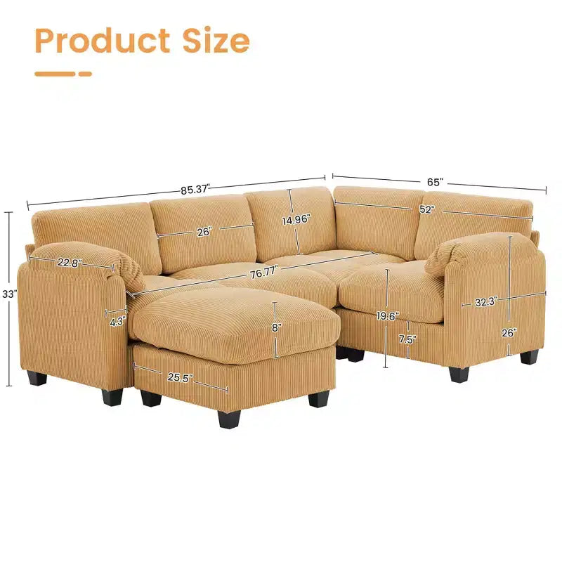 Canapé sectionnel modulaire en velours côtelé avec pouf mobile, canapé rembourré confortable en forme de U avec coussin d'assise à deux couches pour le salon