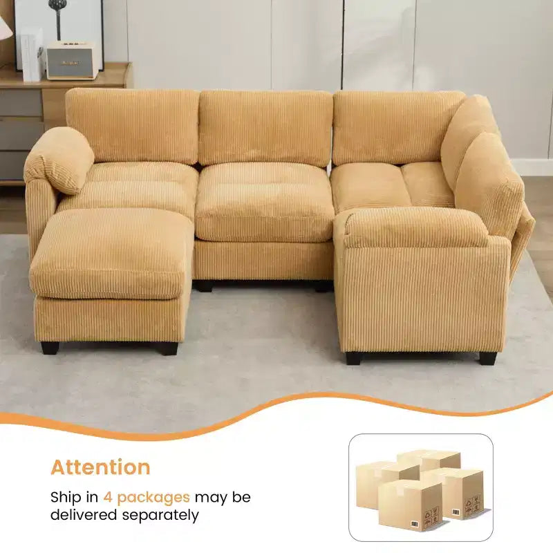 Canapé sectionnel modulaire en velours côtelé avec pouf mobile, canapé rembourré confortable en forme de U avec coussin d'assise à deux couches pour le salon