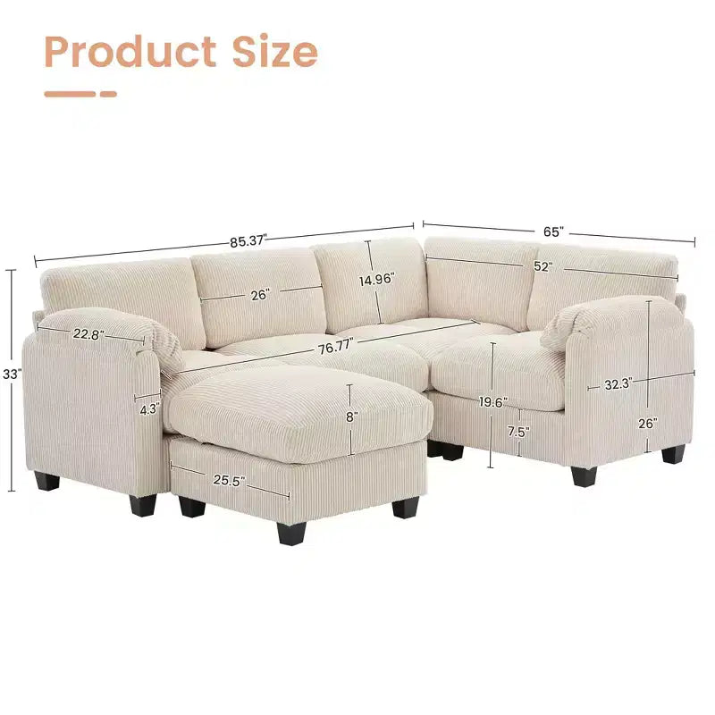 Canapé sectionnel modulaire en velours côtelé avec pouf mobile, canapé rembourré confortable en forme de U avec coussin d'assise à deux couches pour le salon