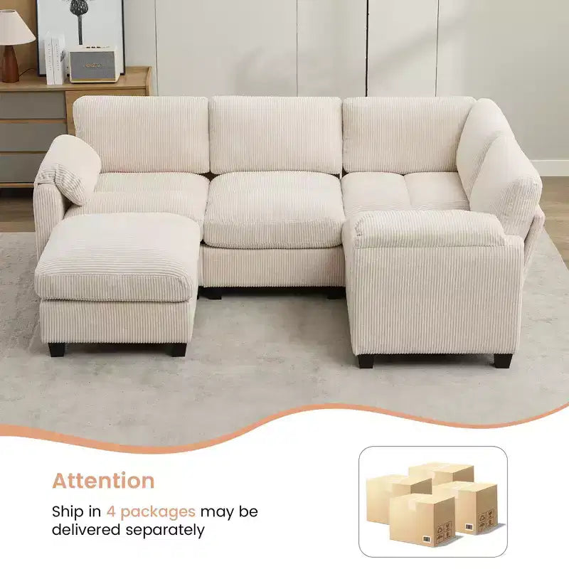Canapé sectionnel modulaire en velours côtelé avec pouf mobile, canapé rembourré confortable en forme de U avec coussin d'assise à deux couches pour le salon
