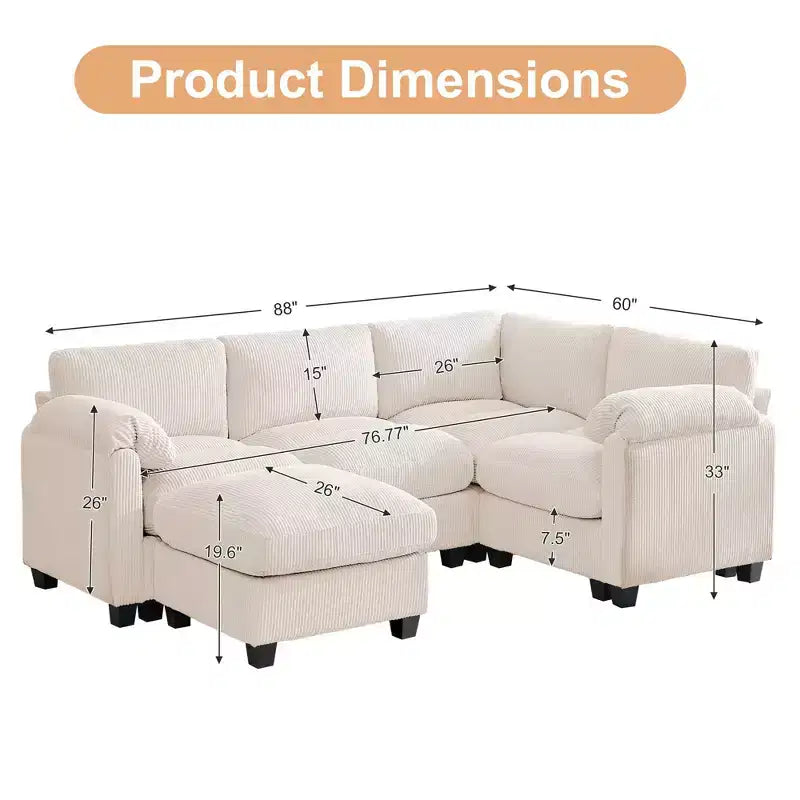 Canapé sectionnel modulaire en velours côtelé avec pouf mobile, canapé rembourré confortable en forme de U avec coussin d'assise à deux couches pour le salon