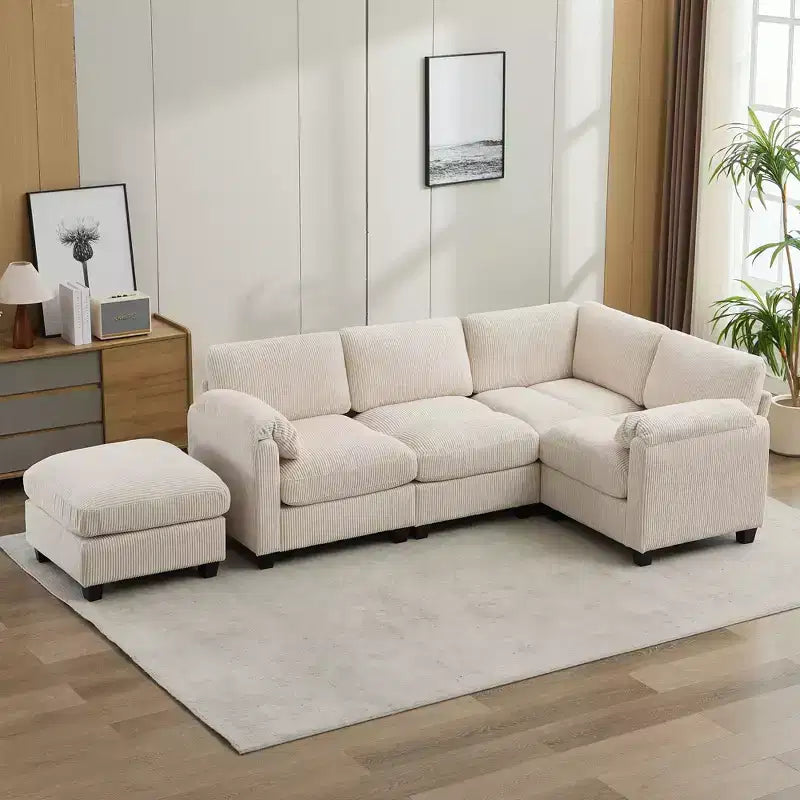 Canapé sectionnel modulaire en velours côtelé avec pouf mobile, canapé rembourré confortable en forme de U avec coussin d'assise à deux couches pour le salon