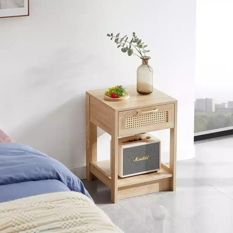 MAYEERTY Table d'appoint en rotin avec tiroir, Table de chevet moderne, Table d'appoint pour salon, chambre à coucher, Naturel
